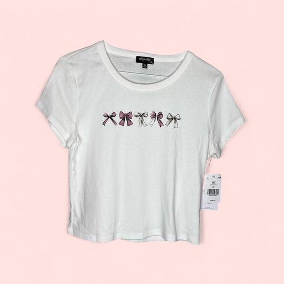 Originality White Graphic Bow Print Short Sleeve Crewneck Crop Top Size XL NWT - Picture 1 of 9